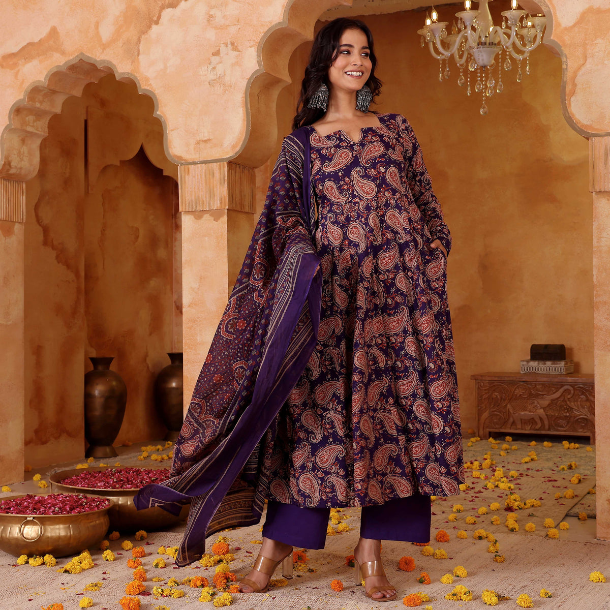 Navy Blue Paisley Printed Anarkali Kurta Pant Dupatta Set for Women