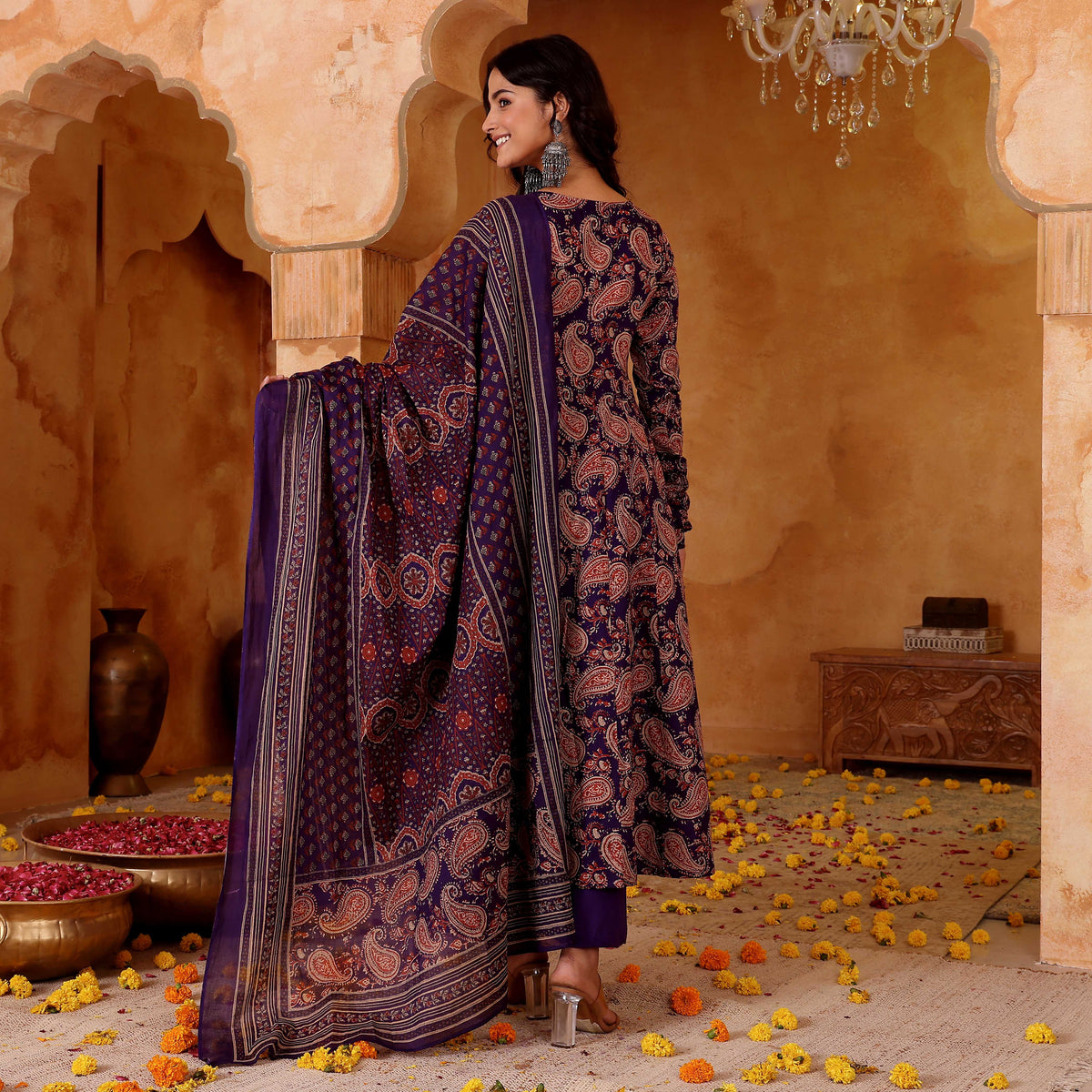 Navy Blue Paisley Printed Anarkali Kurta Pant Dupatta Set for Women