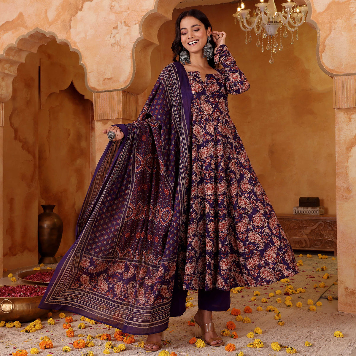 Navy Blue Paisley Printed Anarkali Kurta Pant Dupatta Set for Women