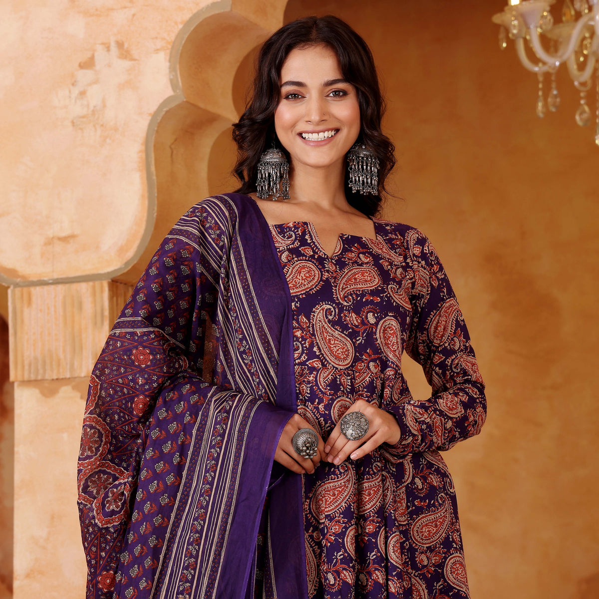 Navy Blue Paisley Printed Anarkali Kurta Pant Dupatta Set for Women