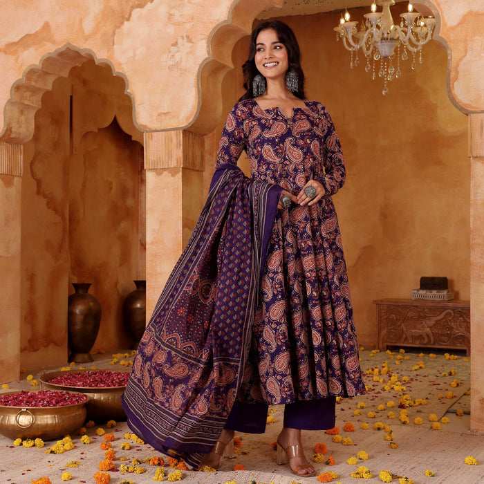 Navy Blue Paisley Printed Anarkali Kurta Pant Dupatta Set for Women