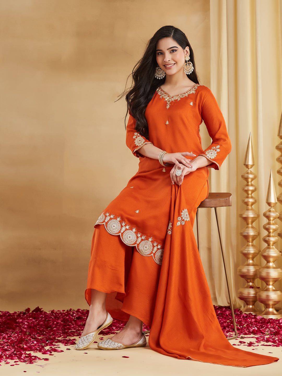 Elegant Orange Embroidered Kurta Pant Dupatta Set for Women