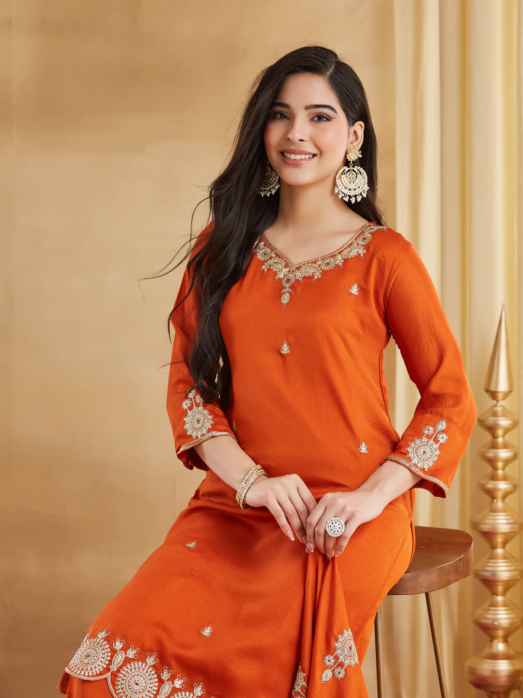 Elegant Orange Embroidered Kurta Pant Dupatta Set for Women