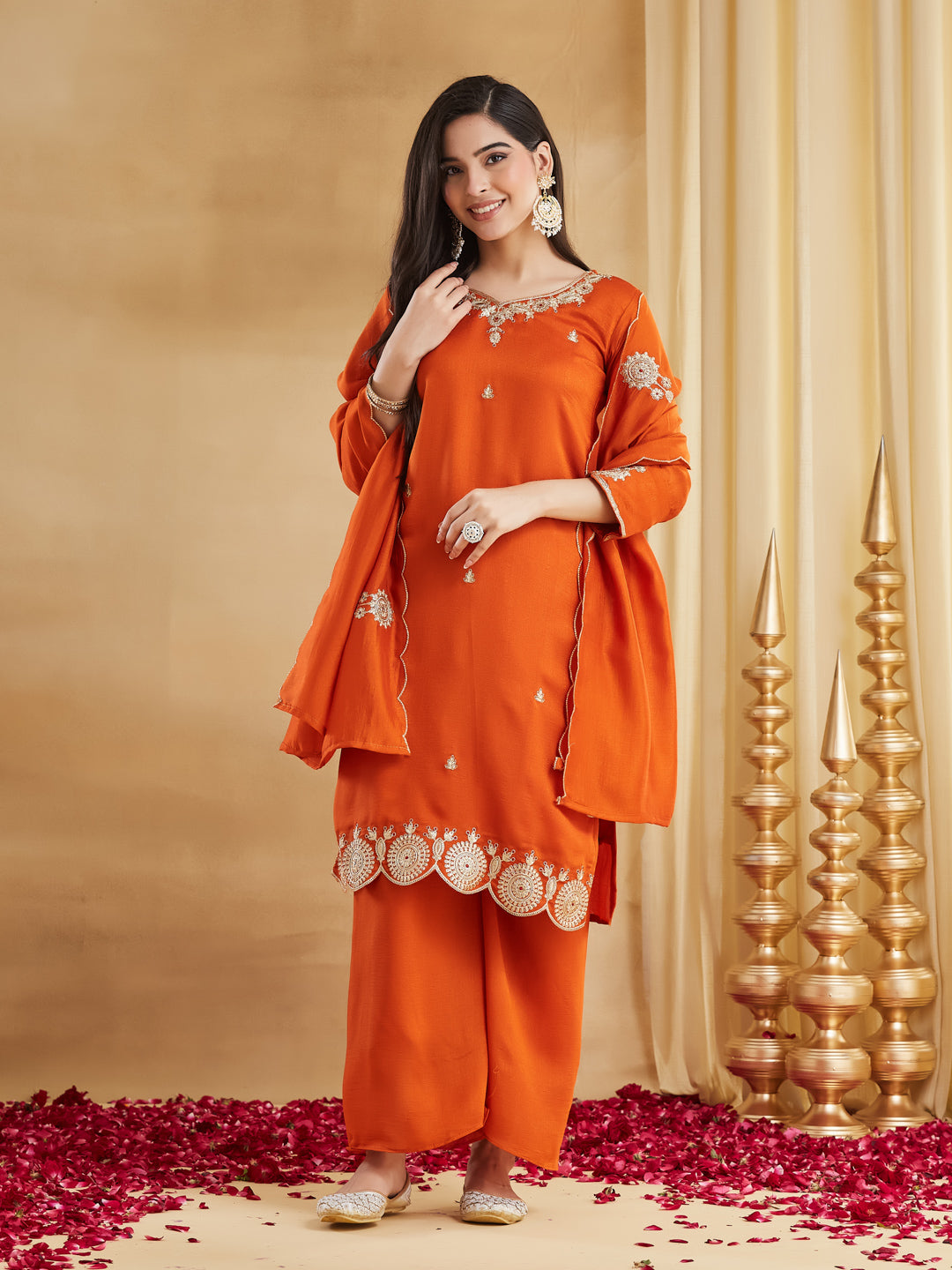 Elegant Orange Embroidered Kurta Pant Dupatta Set for Women