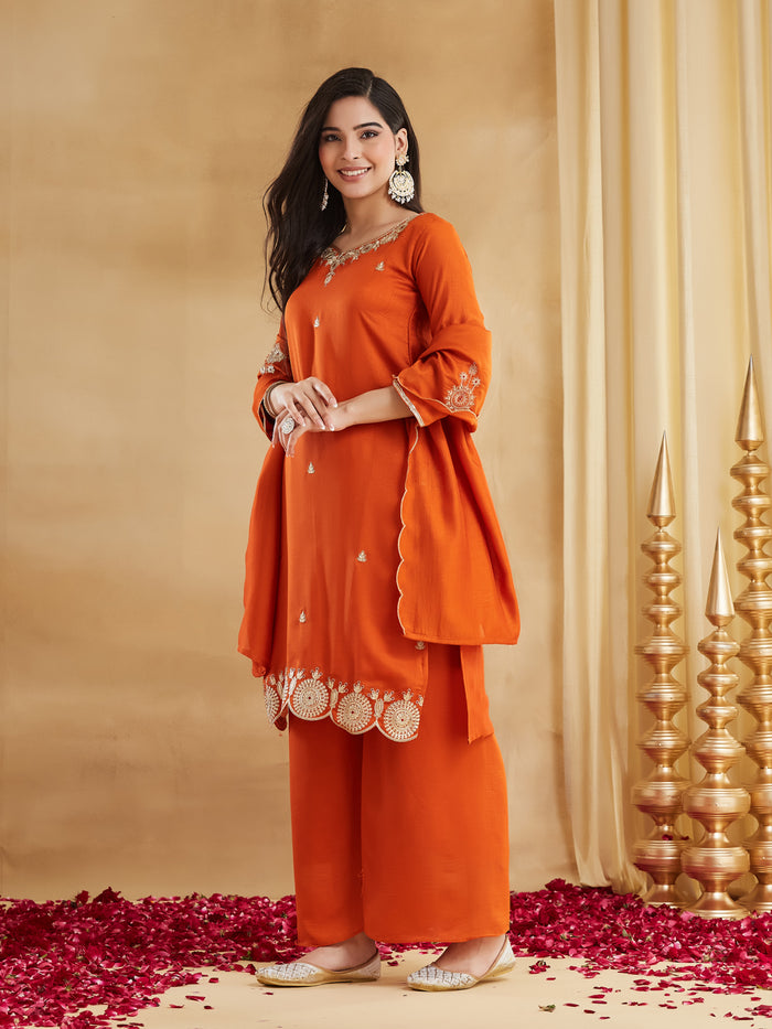 Elegant Orange Embroidered Kurta Pant Dupatta Set for Women