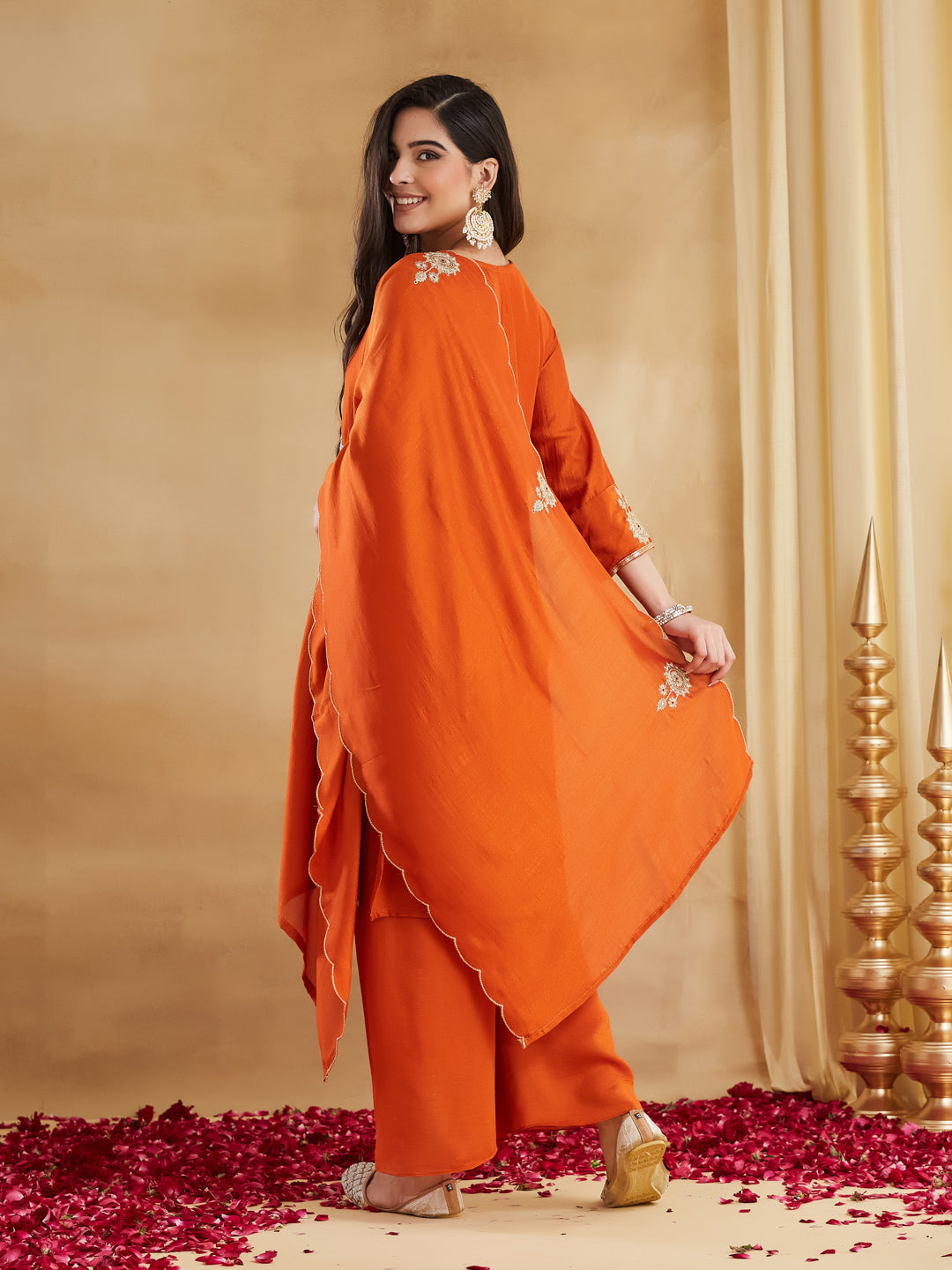 Elegant Orange Embroidered Kurta Pant Dupatta Set for Women