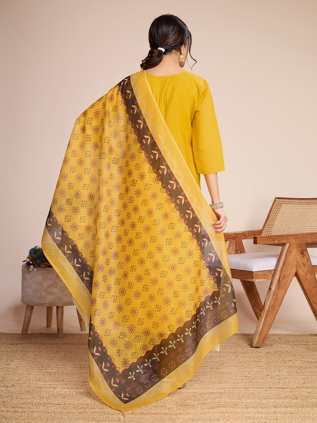 ILARAA Women's Mustard Yellow Embroidered Soft Rayon Slub Kurta Pant Set with Chanderi Cotton Dupatta | Premium Ethnic Wear