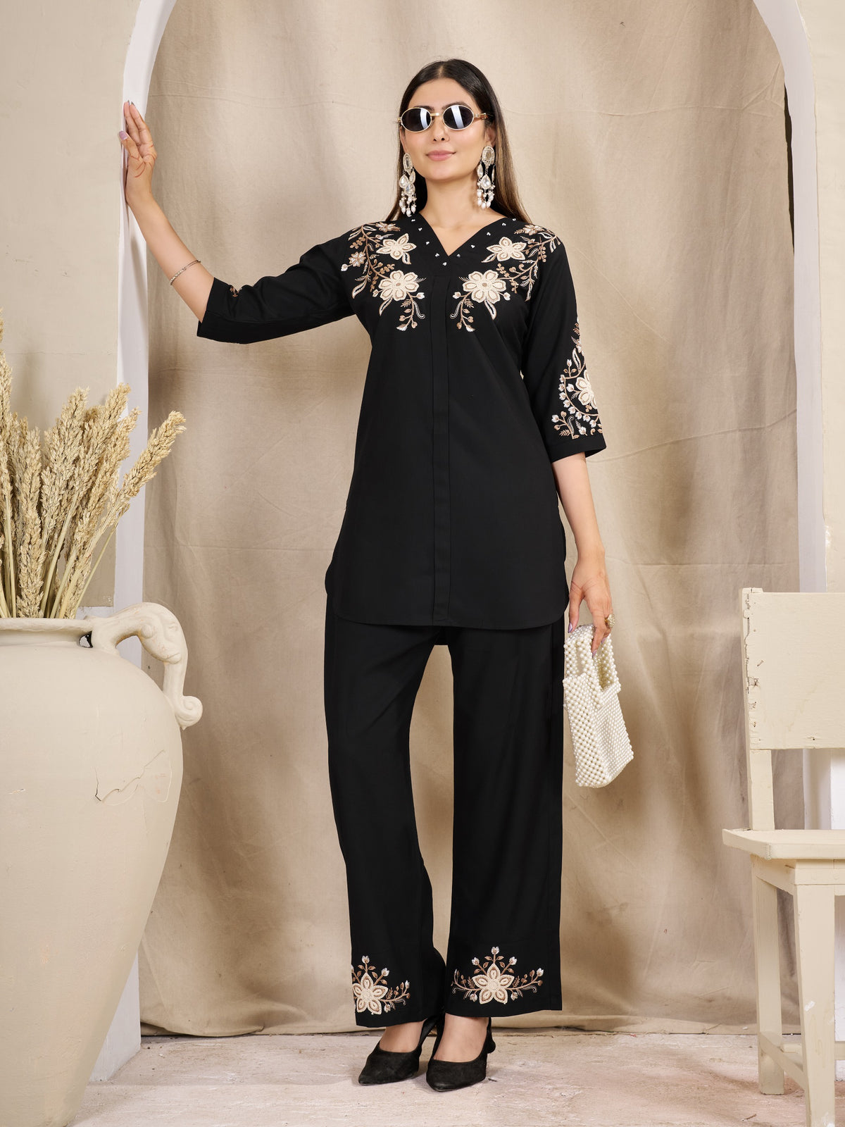 Floral Embroidered V-Neck Kurta Pant Co-Ord Set for Women