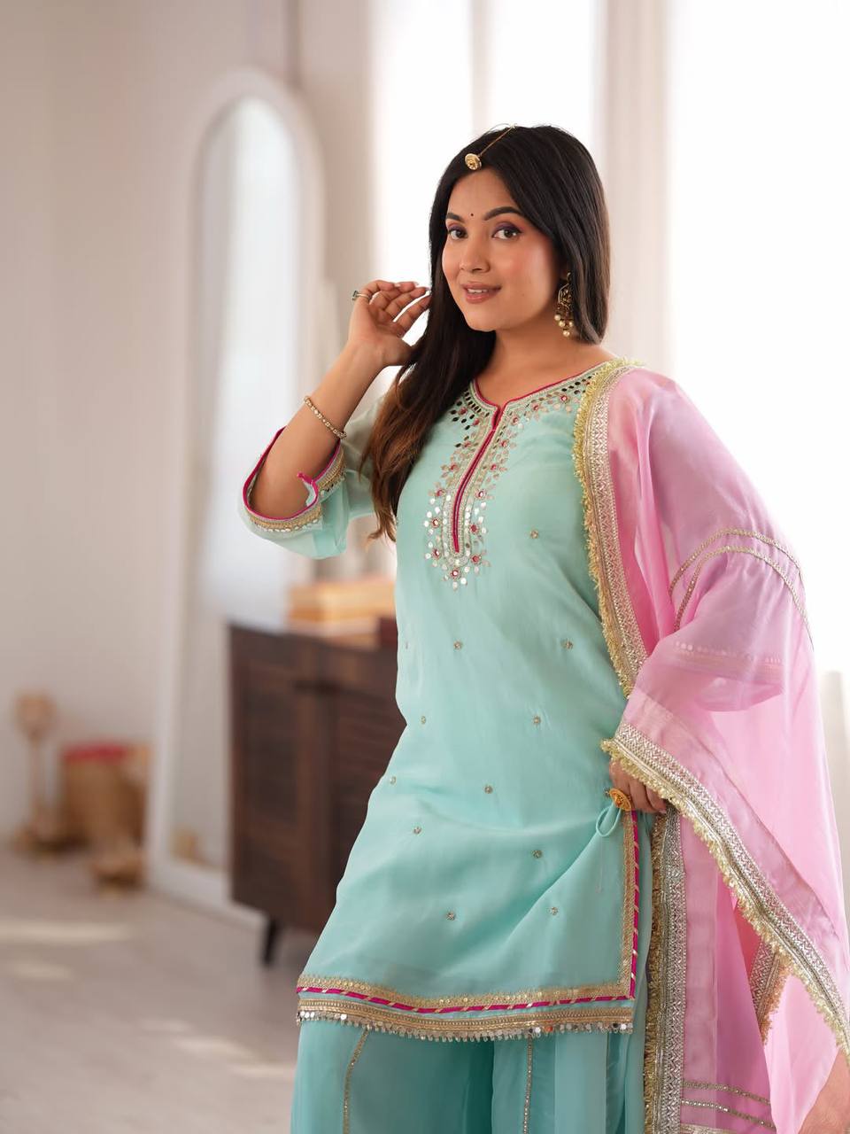 Designer Embroidered Pakistani Suit Set with Sharara & Dupatta
