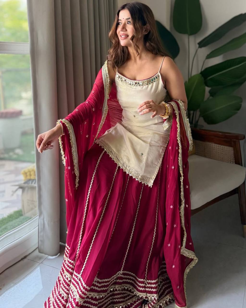 Designer Maroon & Ivory Embroidered Lehenga Choli Set with Dupatta