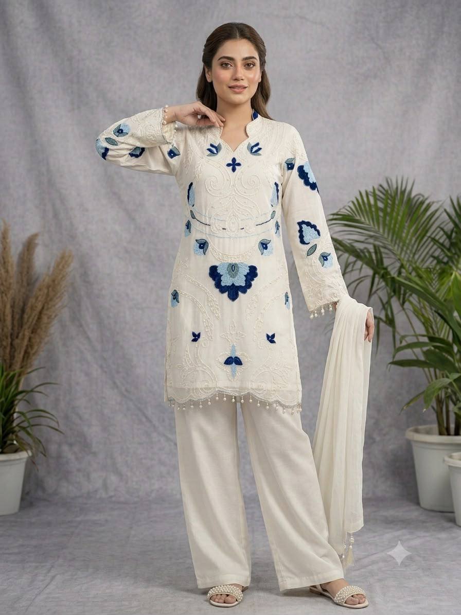 Designer Embroidered Kurta Palazzo Set with Dupatta
