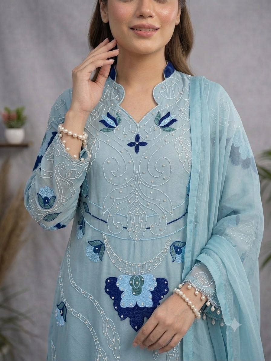 Designer Embroidered Kurta Palazzo Set with Dupatta