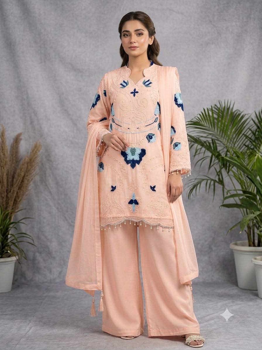 Designer Embroidered Kurta Palazzo Set with Dupatta