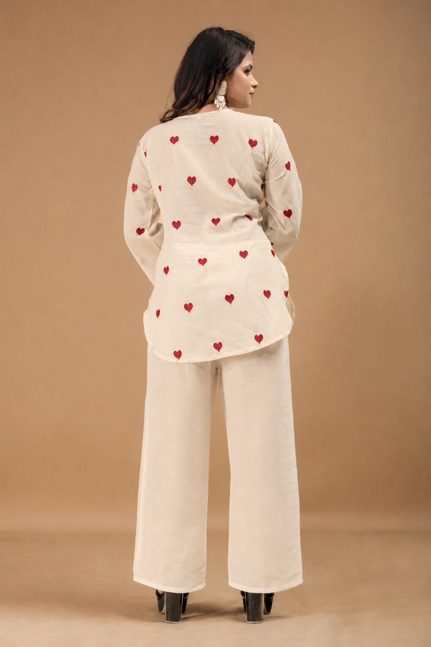 Heart Embroidered Cotton Style Kurta Palazzo Set for Women