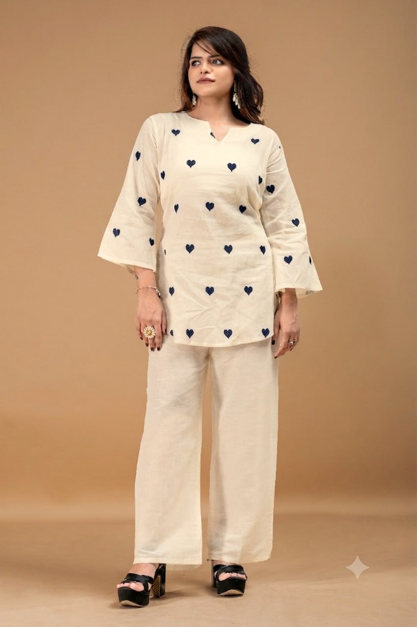 Heart Embroidered Cotton Style Kurta Palazzo Set for Women