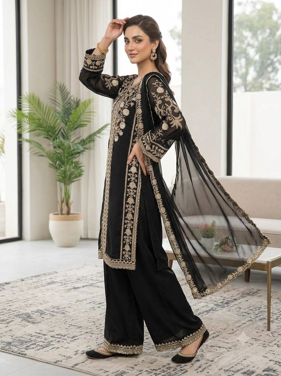 Women’s Embroidered Kurta Palazzo & Dupatta Set