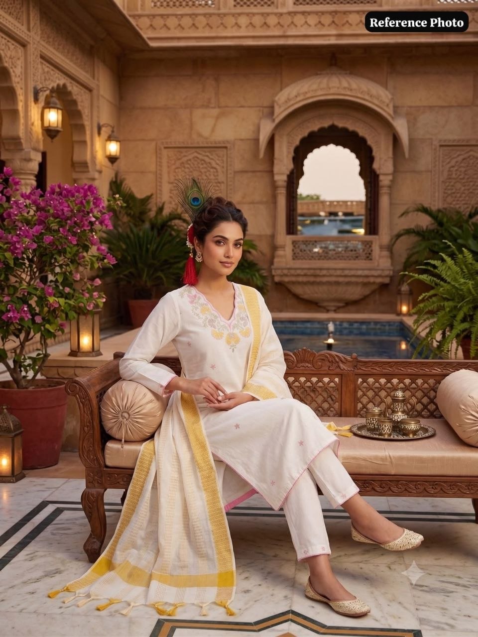 White & Yellow Floral Embroidered Straight Kurta Pant With Dupatta Set