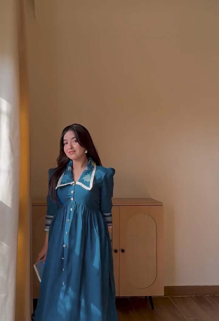 Vintage Floral Embroidered Collar Button Front Midi Dress