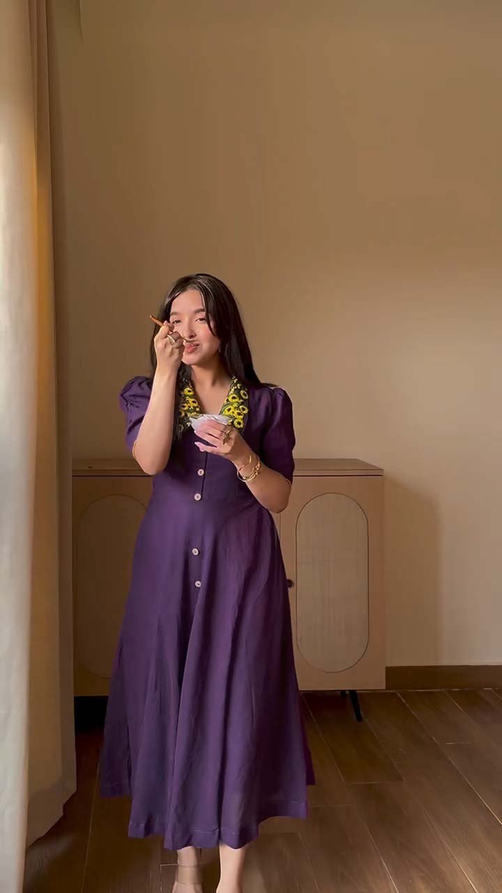 Vintage Floral Embroidered Collar Button Front Midi Dress