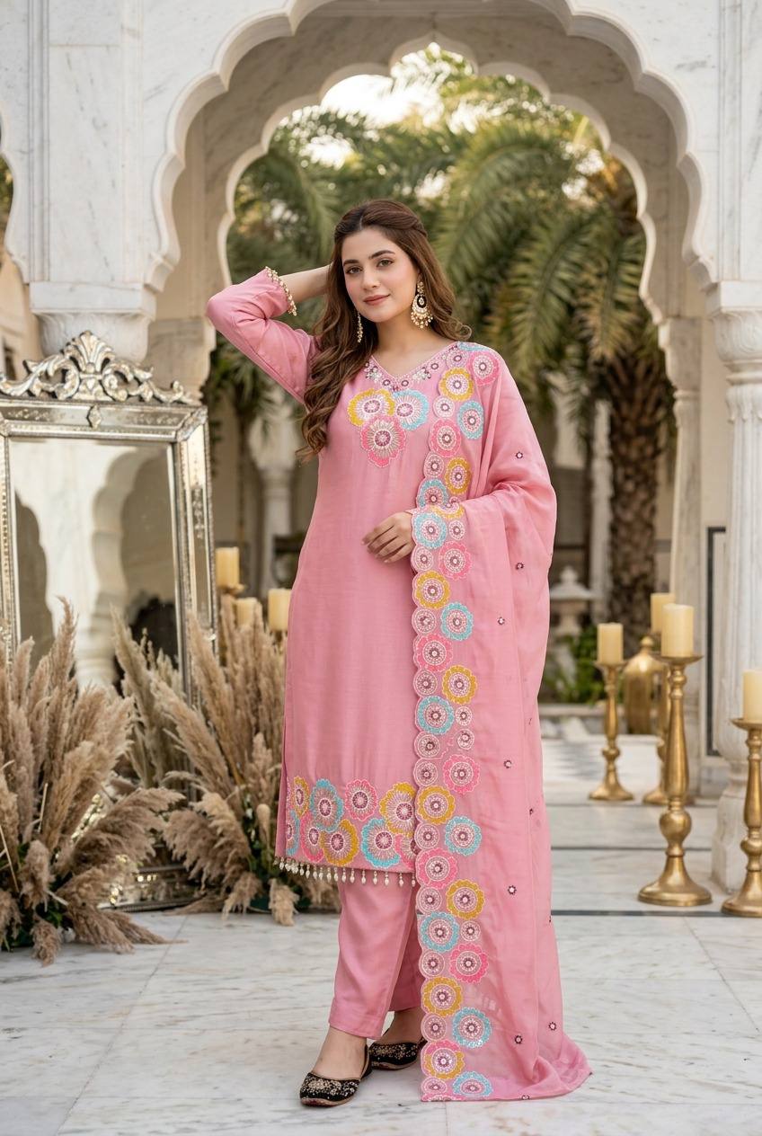 Pink Embroidered Kurta Pant Dupatta Set | Multicolor Floral Embroidery
