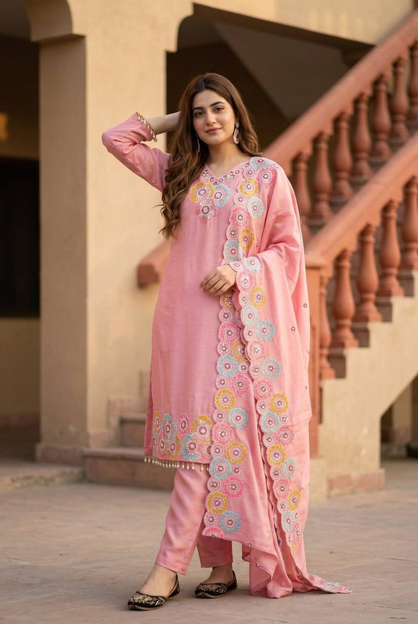 Pink Embroidered Kurta Pant Dupatta Set | Multicolor Floral Embroidery