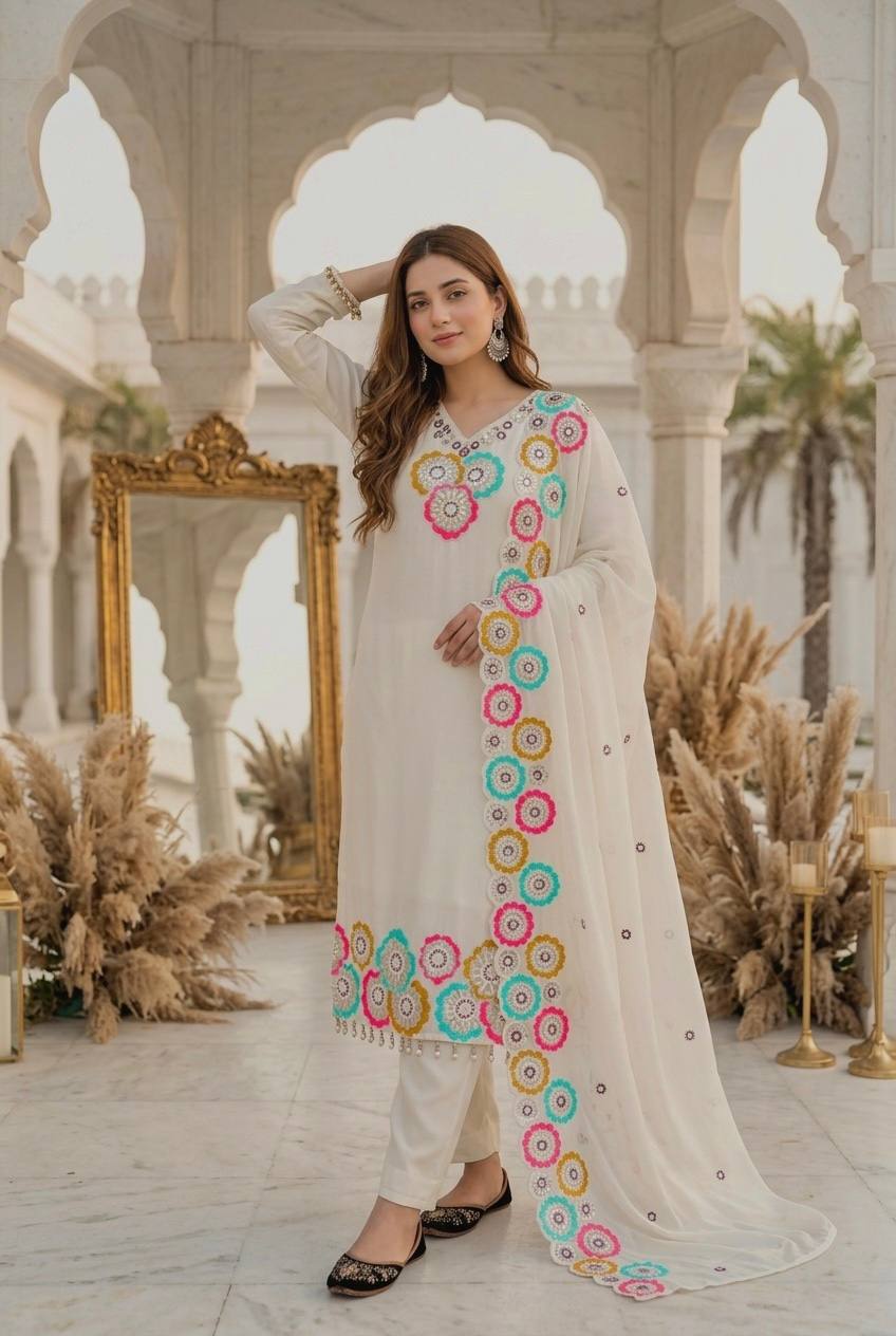 Pink Embroidered Kurta Pant Dupatta Set | Multicolor Floral Embroidery