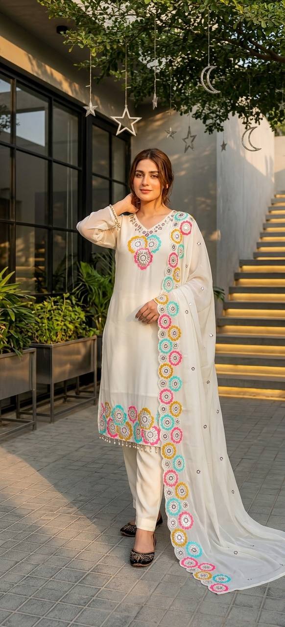 Pink Embroidered Kurta Pant Dupatta Set | Multicolor Floral Embroidery
