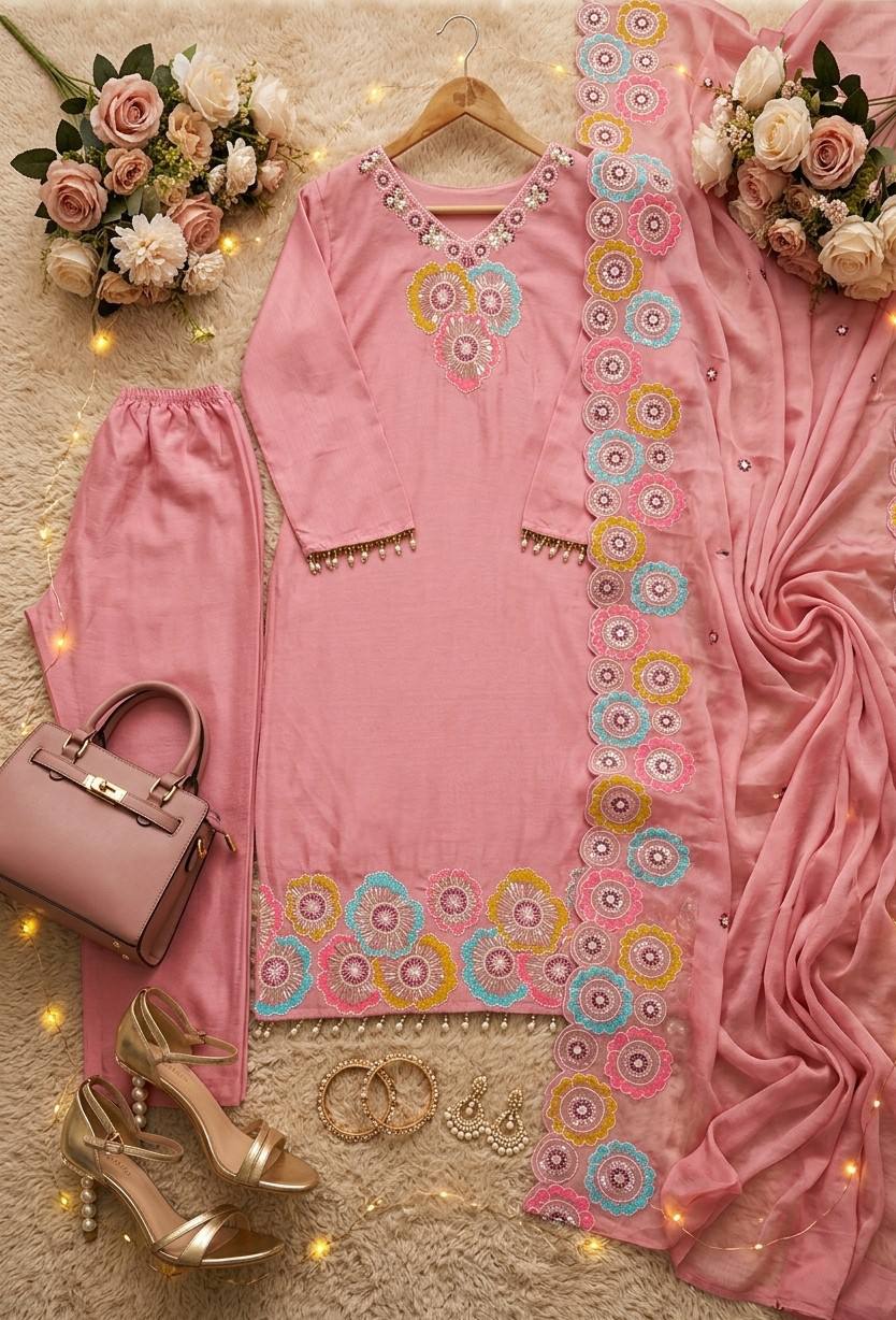 Pink Embroidered Kurta Pant Dupatta Set | Multicolor Floral Embroidery