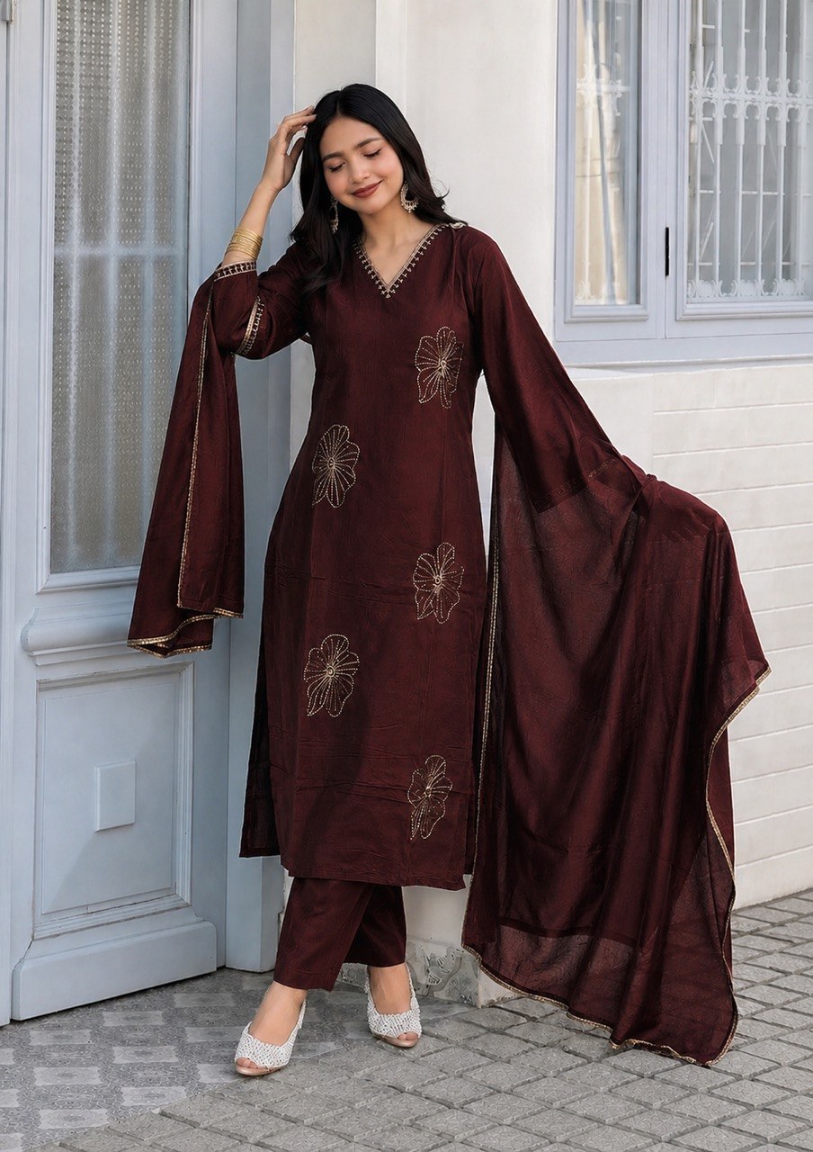 Designer Embroidered Kurta Pant Dupatta Set | Floral Embroidery Ethnic Suit Set
