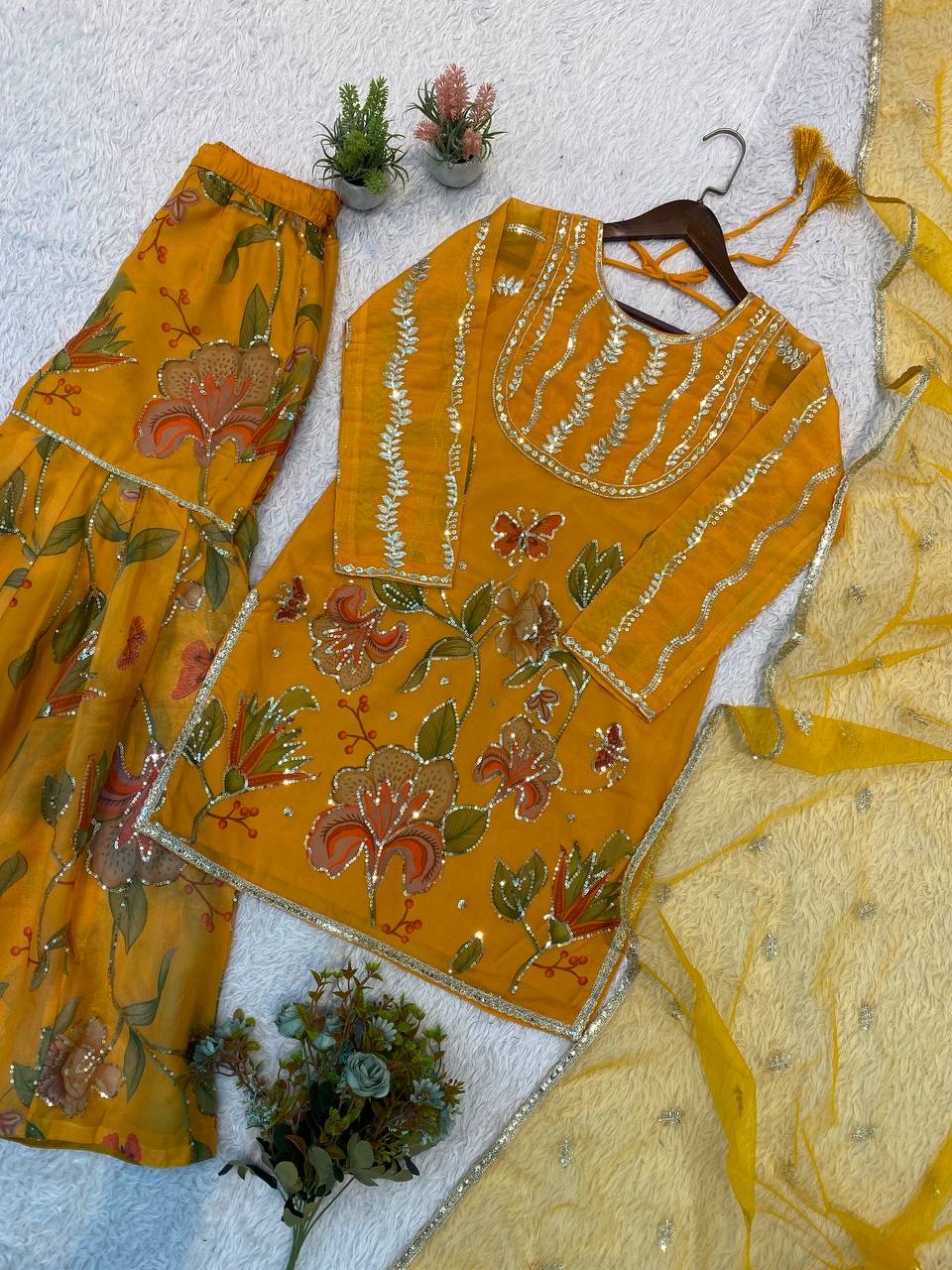 Mustard Yellow Floral Printed Embroidered Kurta Sharara Set with Dupatta