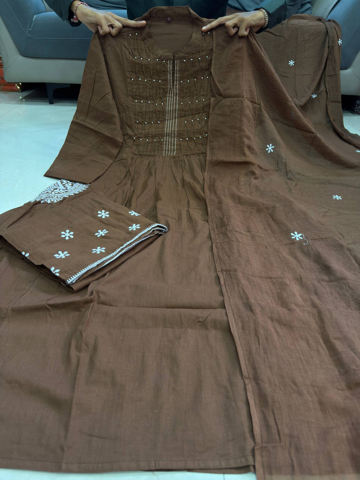 Designer Embroidered Cotton-Style Anarkali Kurta Pant Dupatta 3 Piece Suit Set