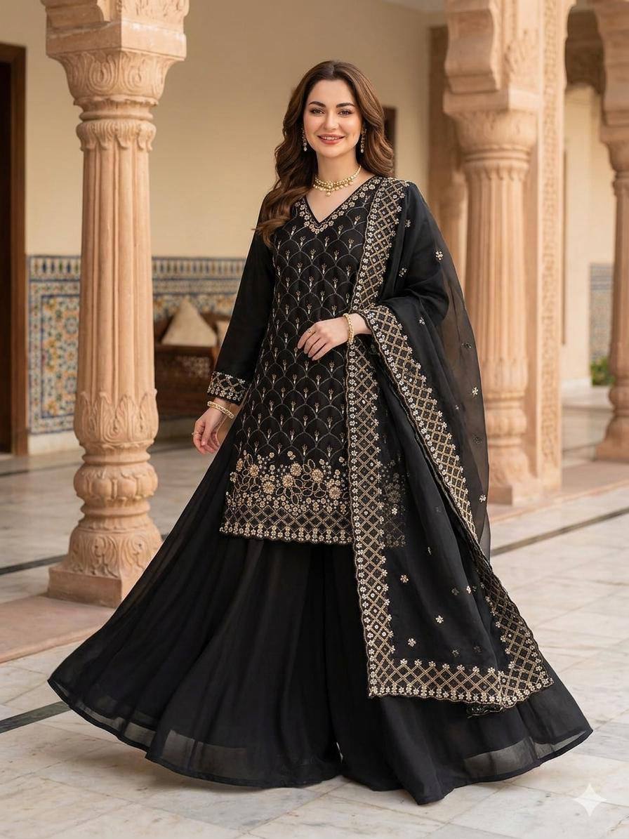 Designer Embroidered Kurta Palazzo Dupatta Set | Festive Ethnic 3 Piece Suit