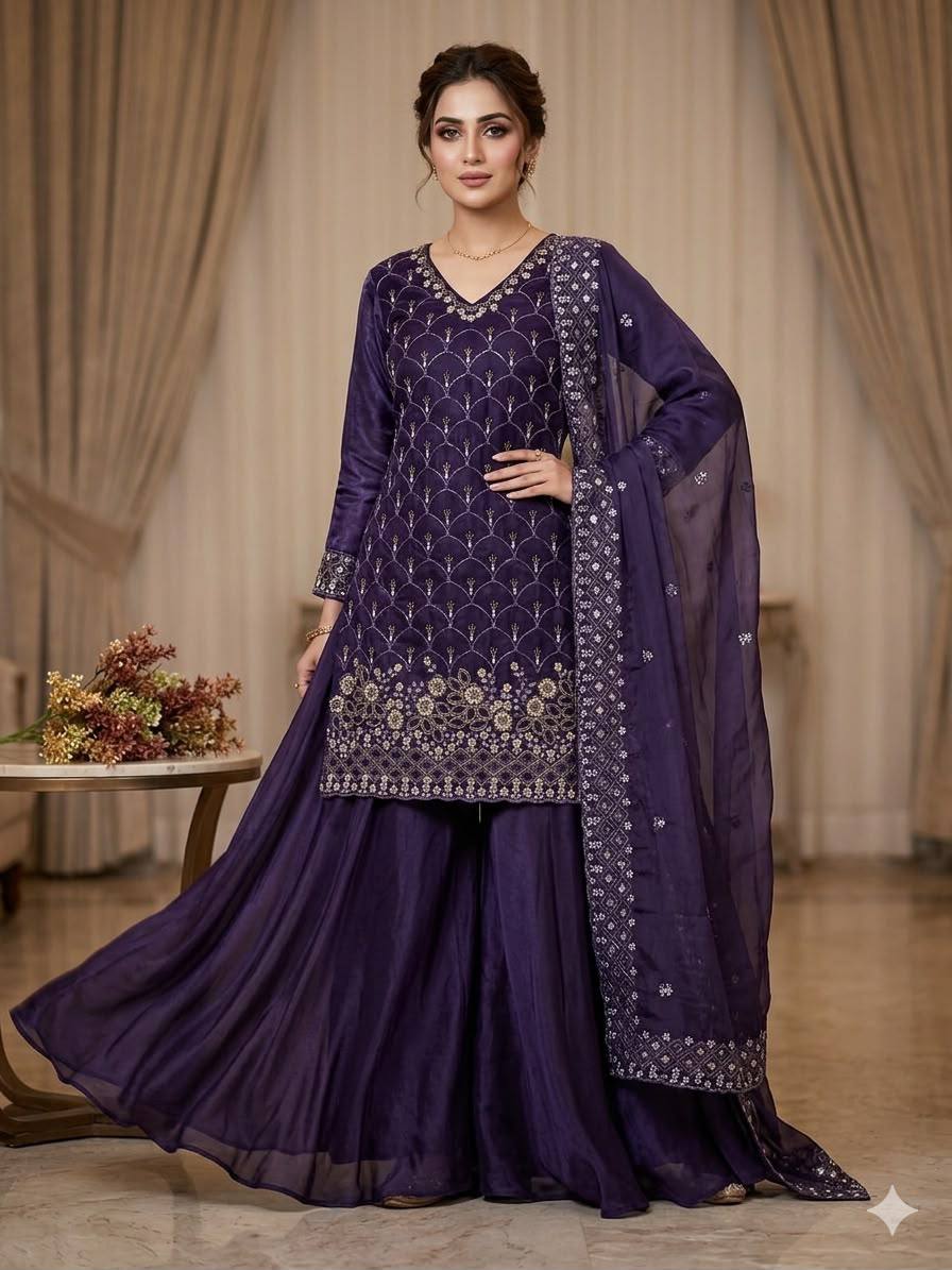 Designer Embroidered Kurta Palazzo Dupatta Set | Festive Ethnic 3 Piece Suit