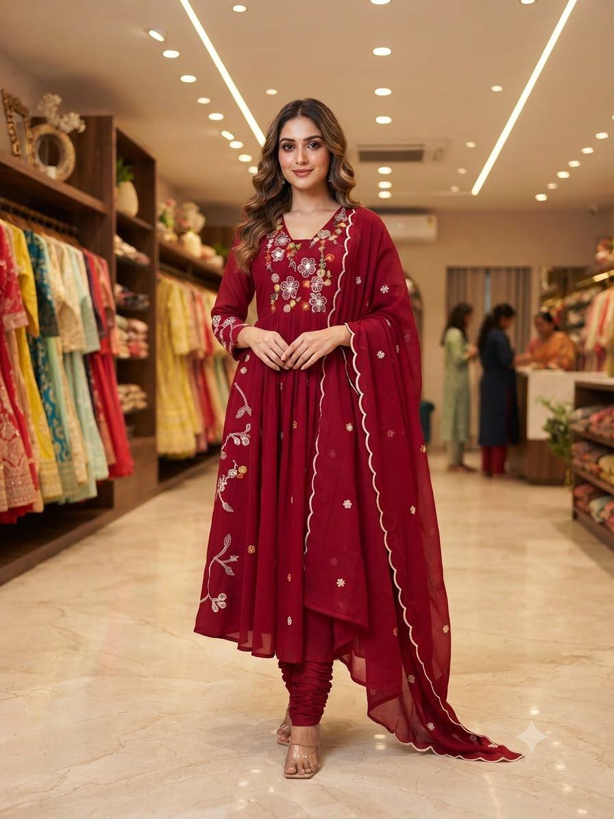 Embroidered Anarkali Kurta Pant Set With Dupatta