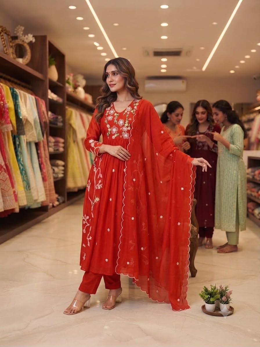 Embroidered Anarkali Kurta Pant Set With Dupatta