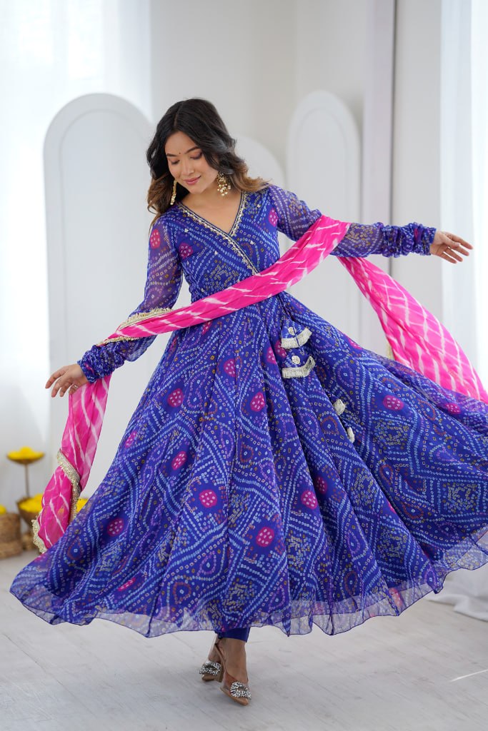 Designer Bandhani Printed Anarkali Gown With Dupatta | Festive Ethnic Wear