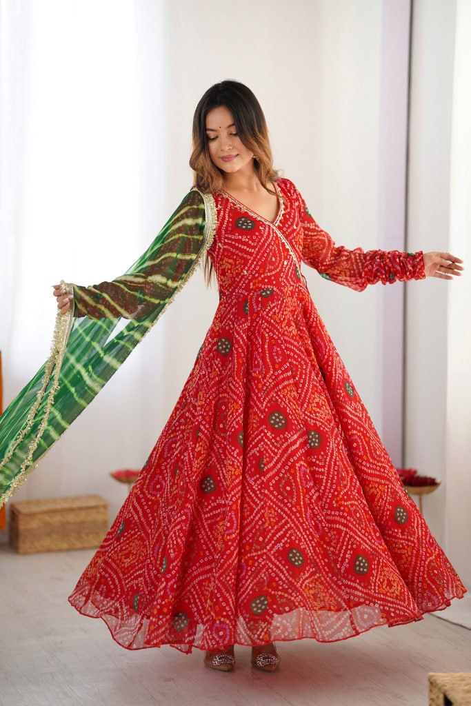 Designer Bandhani Printed Anarkali Gown With Dupatta | Festive Ethnic Wear