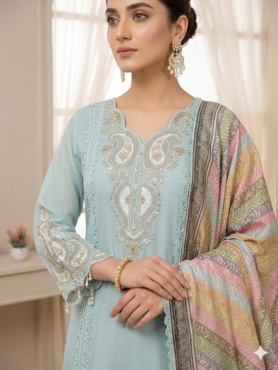 Premium Pakistani 3 Piece Suit Set | Embroidered Kurta, Trouser & Printed Dupatta