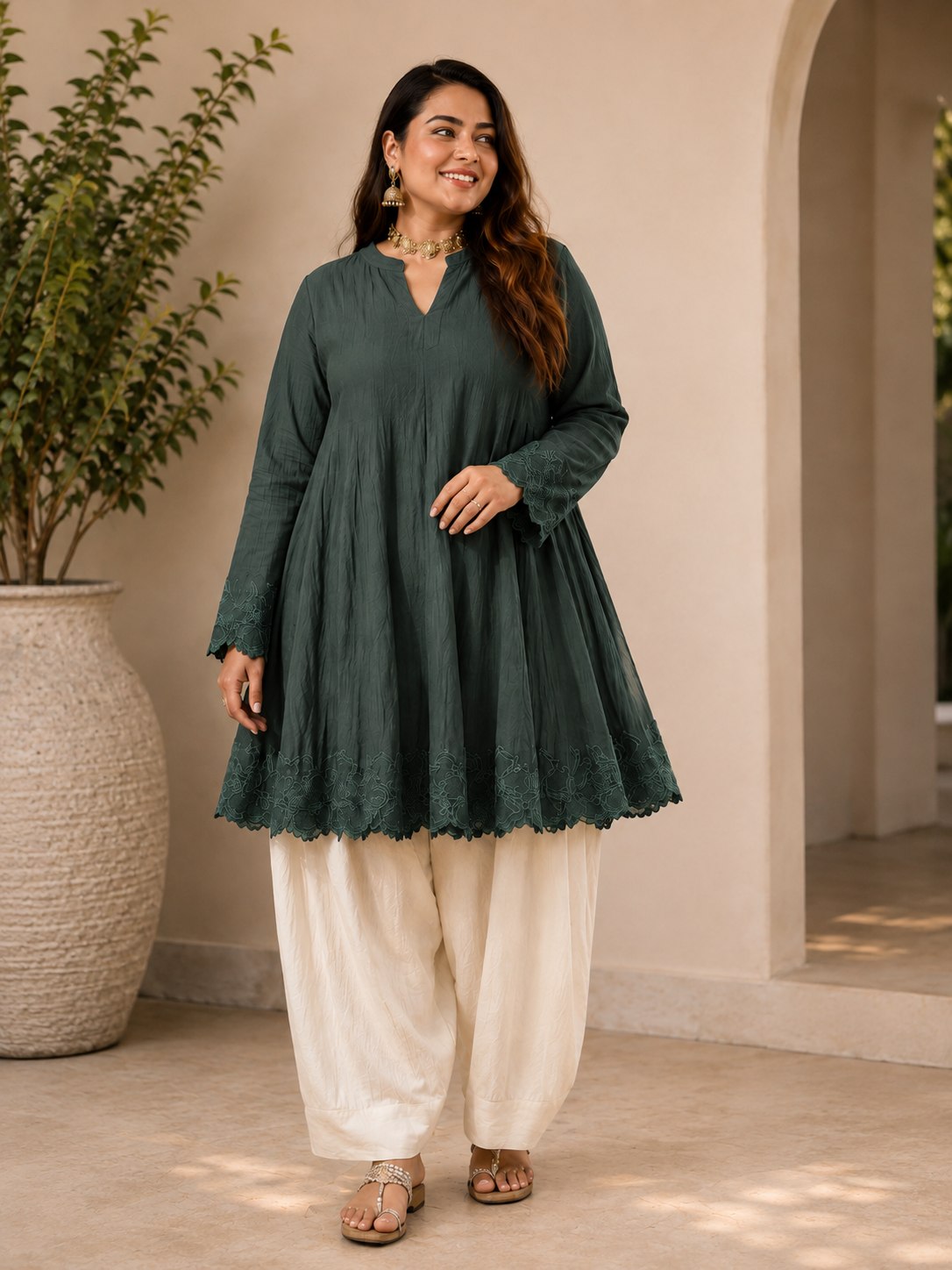 Designer Embroidered Kurta Palazzo Set for Women | V-Neck Flared Kurta Set