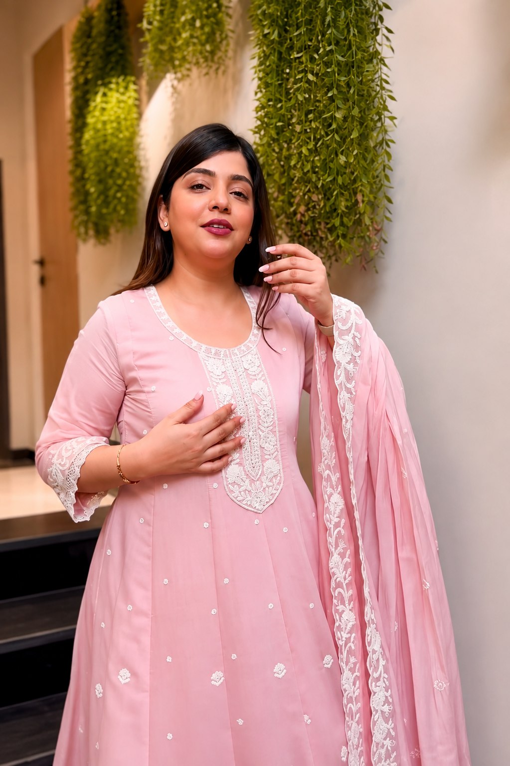 Pink Embroidered Chikankari Kurta Palazzo Dupatta Set | 3 Piece Suit Set
