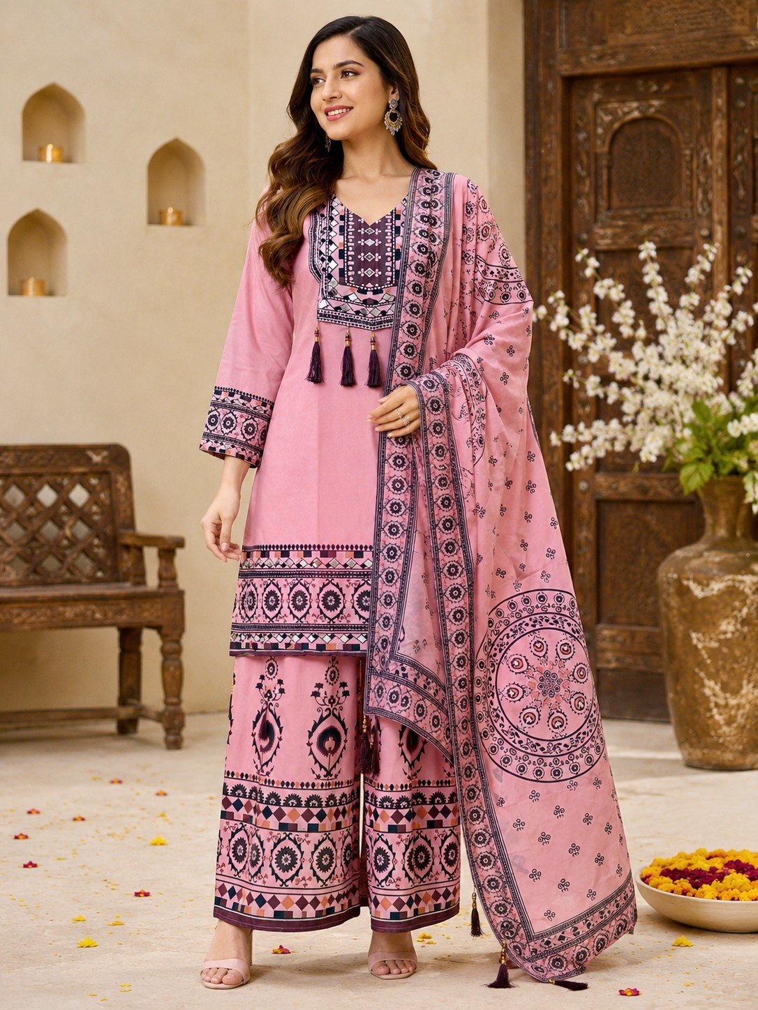 Women’s Printed Kurta Palazzo Dupatta Set | Ethnic 3 Piece Suit