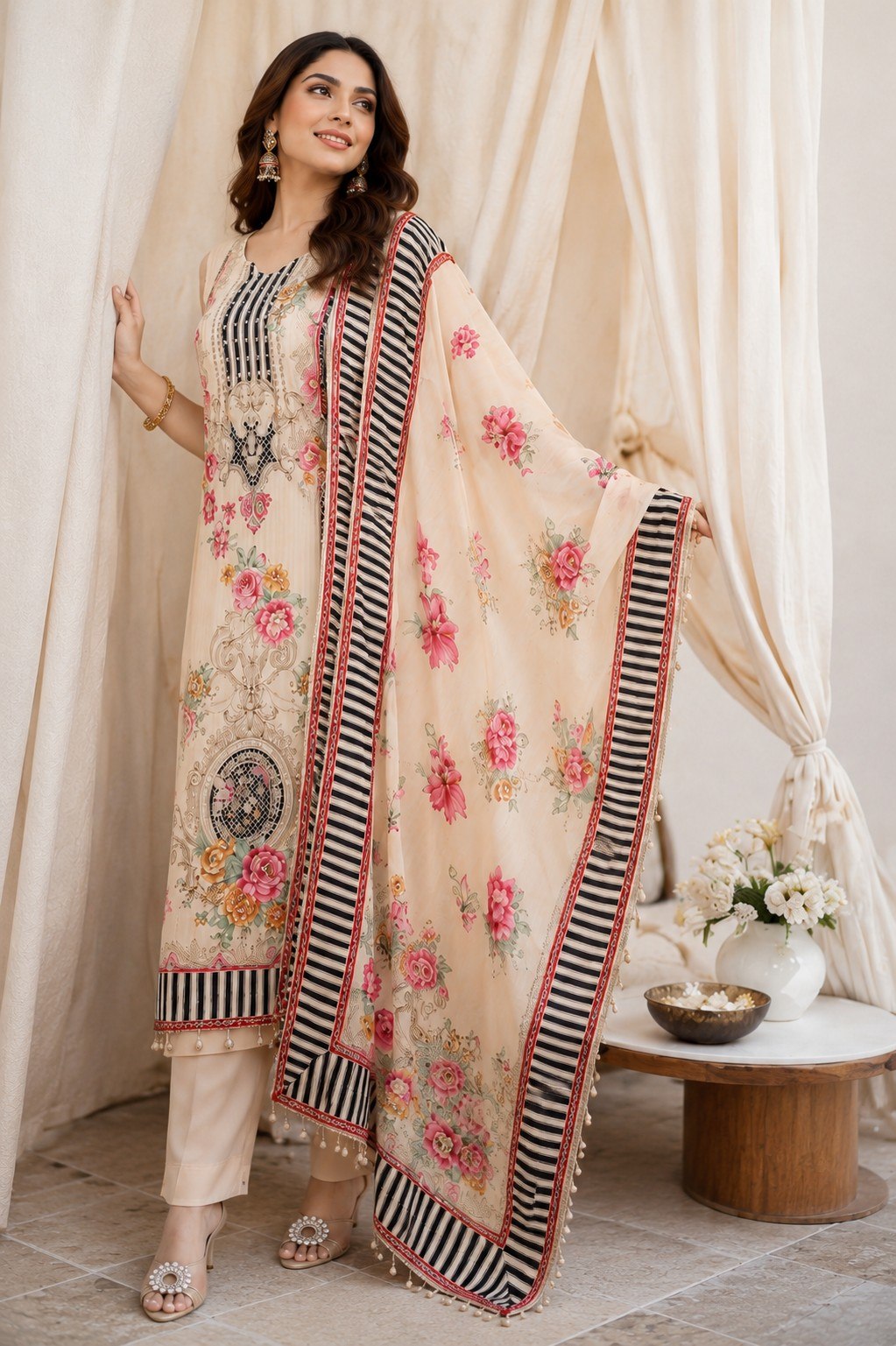 Designer Peach Floral Printed 3 Piece Pakistani Suit Set with Dupatta